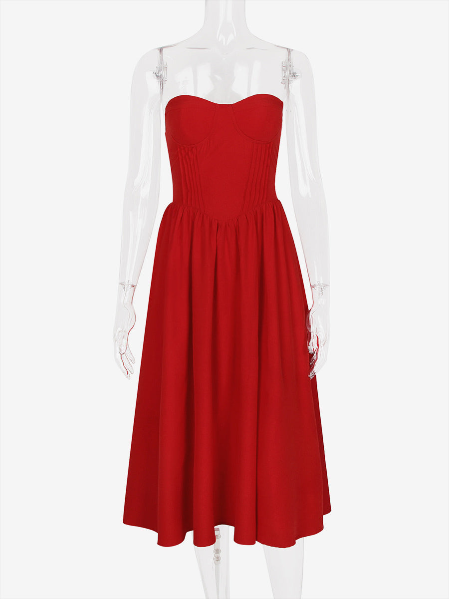 Red Party Dress Strapless Backless Retro Elegant Midi Dress