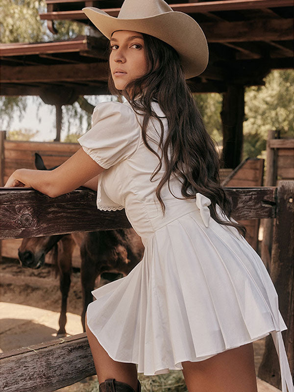Summer Mini Dresses White V-Neck Bows Beach Dress