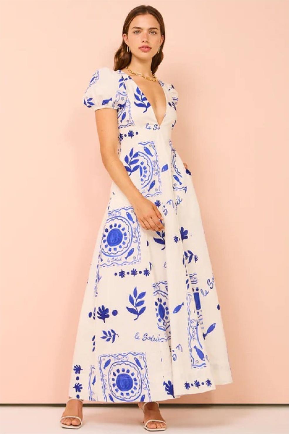 Floral V-Neck Puff Sleeve Midi Dress
