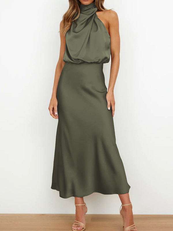 Sleeveless Solid Color Halter-Neck Midi Dresses