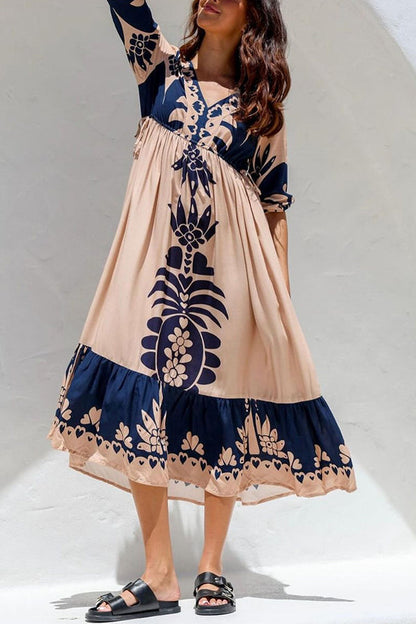 Unique Printed V-neck Loose Resort Style Midi Dress