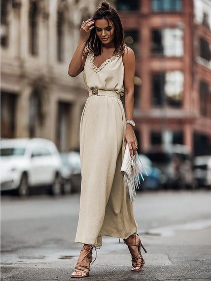Boho Dress Ruffles V-Neck Belted Sleeveless Summer Casual Maxi Dresses