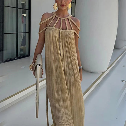 Modern and Sophisticated Linen Blend Draped Braids Cover Up Maxi Dress