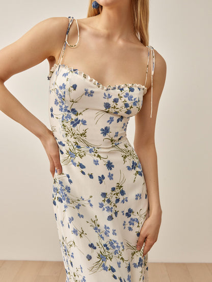 Floral Print Chiffon Casual V-Neck Sleeveless Midi Dress