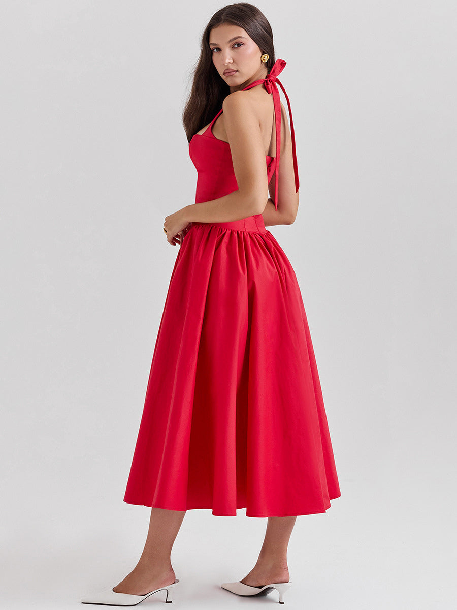 Corset Dress Halter Wide Strap Backless Party Midi Dresses In Solid Color