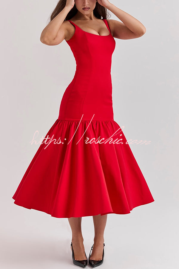 Graceful Silhouette Square Neck Wide Strap Drop Waist Midi Dress