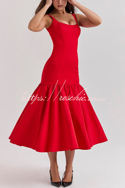 Graceful Silhouette Square Neck Wide Strap Drop Waist Midi Dress