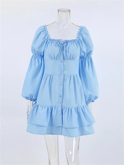 Tossy Lace-Up Patchwork Ruffled Mini Dress Women’s Square Collar Long Sleeve Elegant Party Dress Clothes Fashion Summer Dress