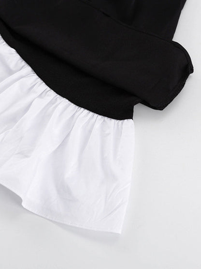 Long Sleeves Loose Contrast Color Pleated Tiered Peter Pan Collar Mini Dresses