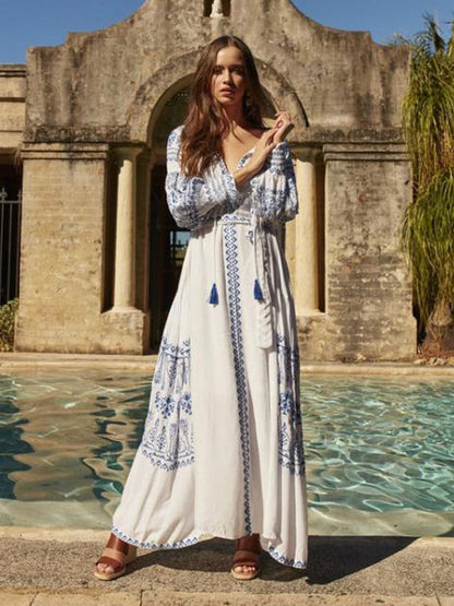 Boho Dress V-Neck Long Sleeves Bohemian Gypsy Beach Vacation White Spring Summer Belted Maxi Dress For Women