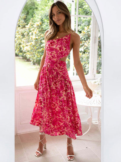 Summer Midi Dress Red Asymmetrical Neck Cut Out Floral Print Beach Dress