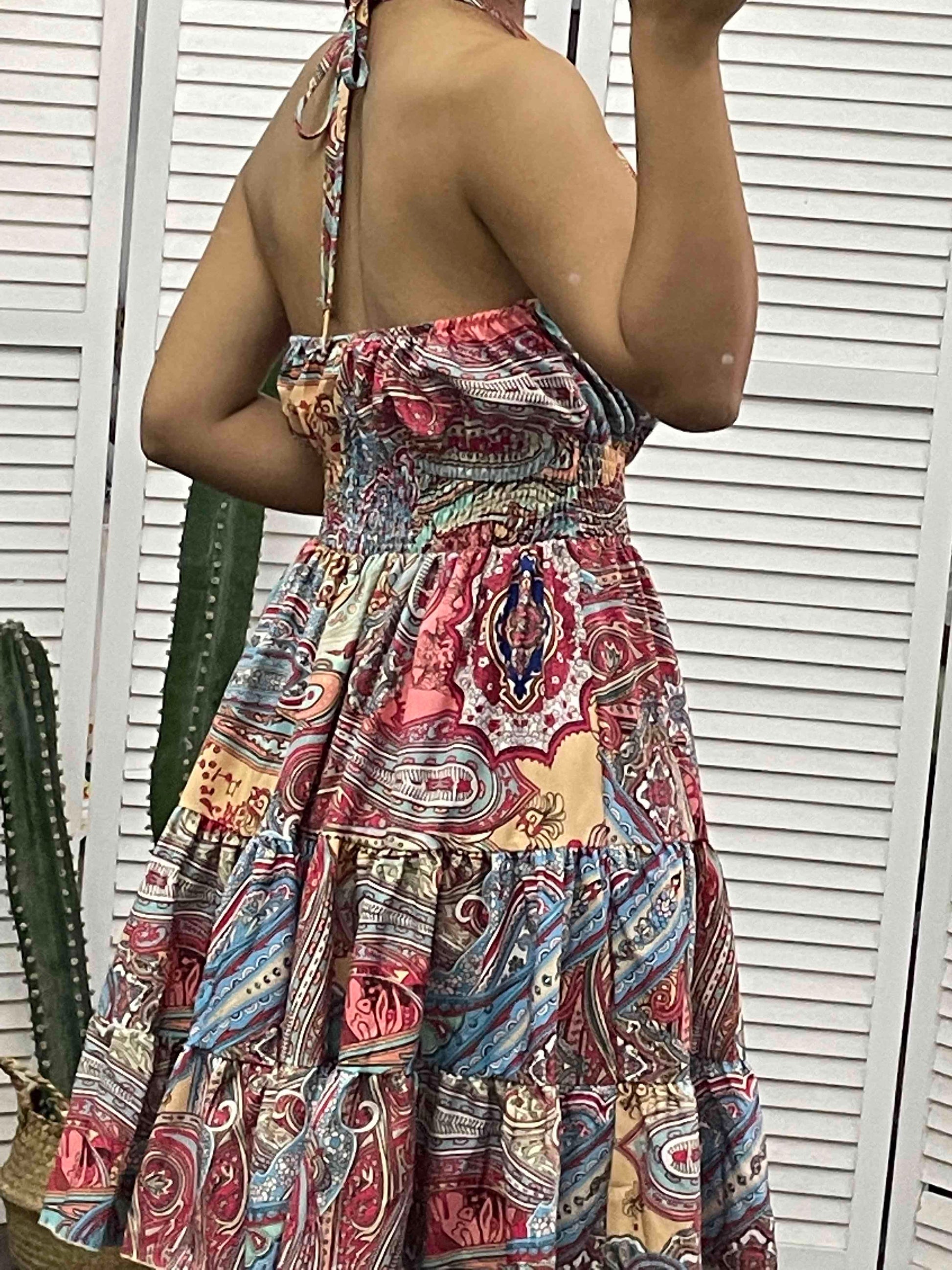 Paisley Print Halter Smocked Waist Tiered Ruffle Knee Length Dress