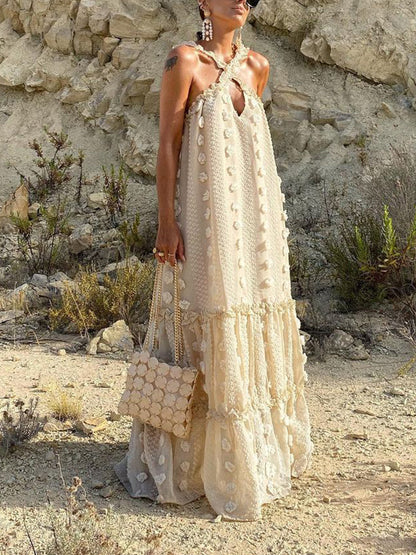 Halter Neck Crossfront Keyhole Tiered Pom Applique Embellished Maxi Dress