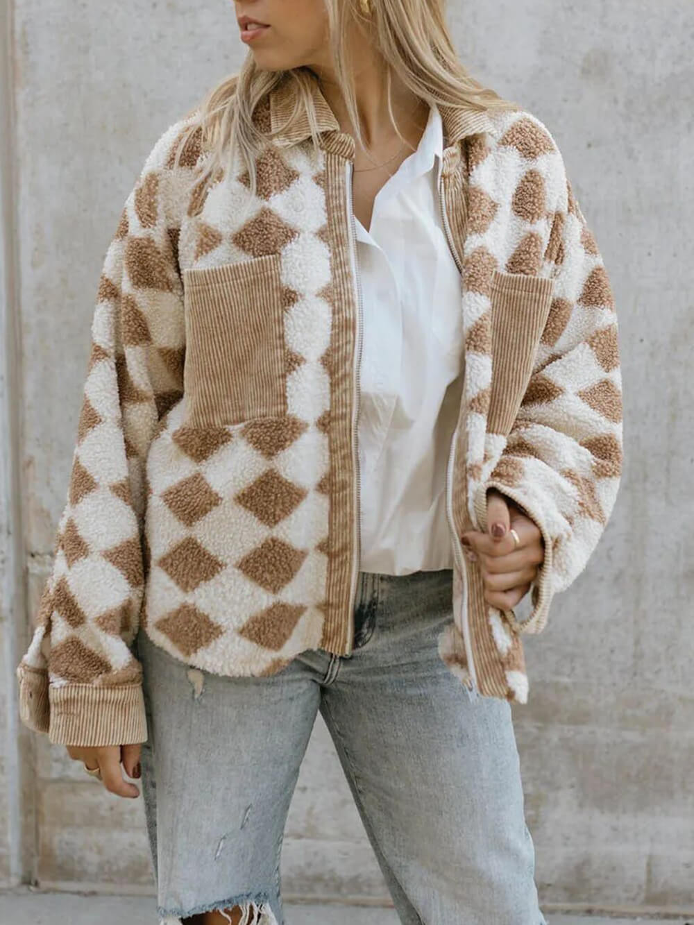 Rhombus Pattern Jacket Corduroy Patch Pockets – Holyprettygal