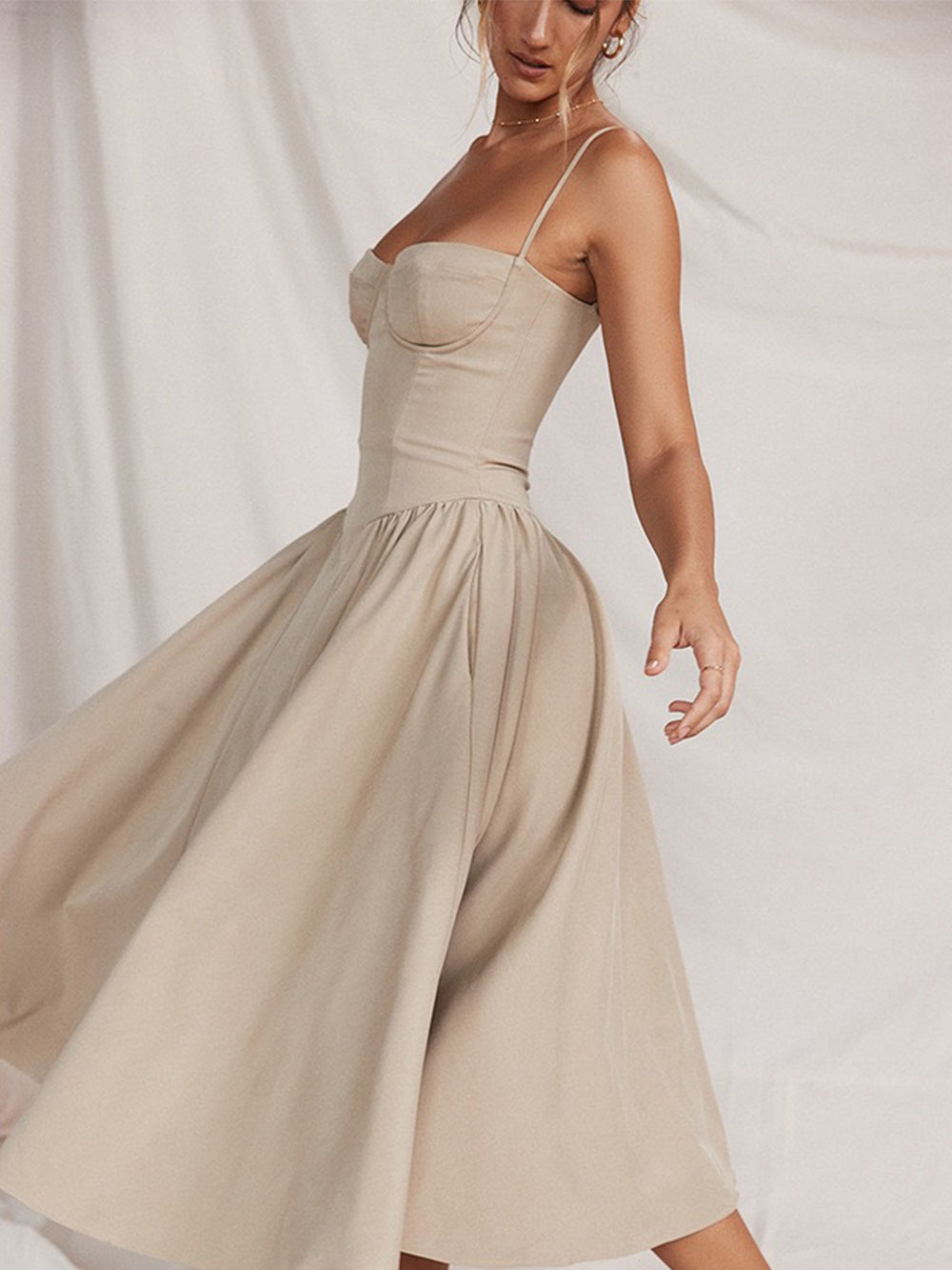 Bustier Spaghetti Strap Basque Waist Pleated Flared Midi Dress