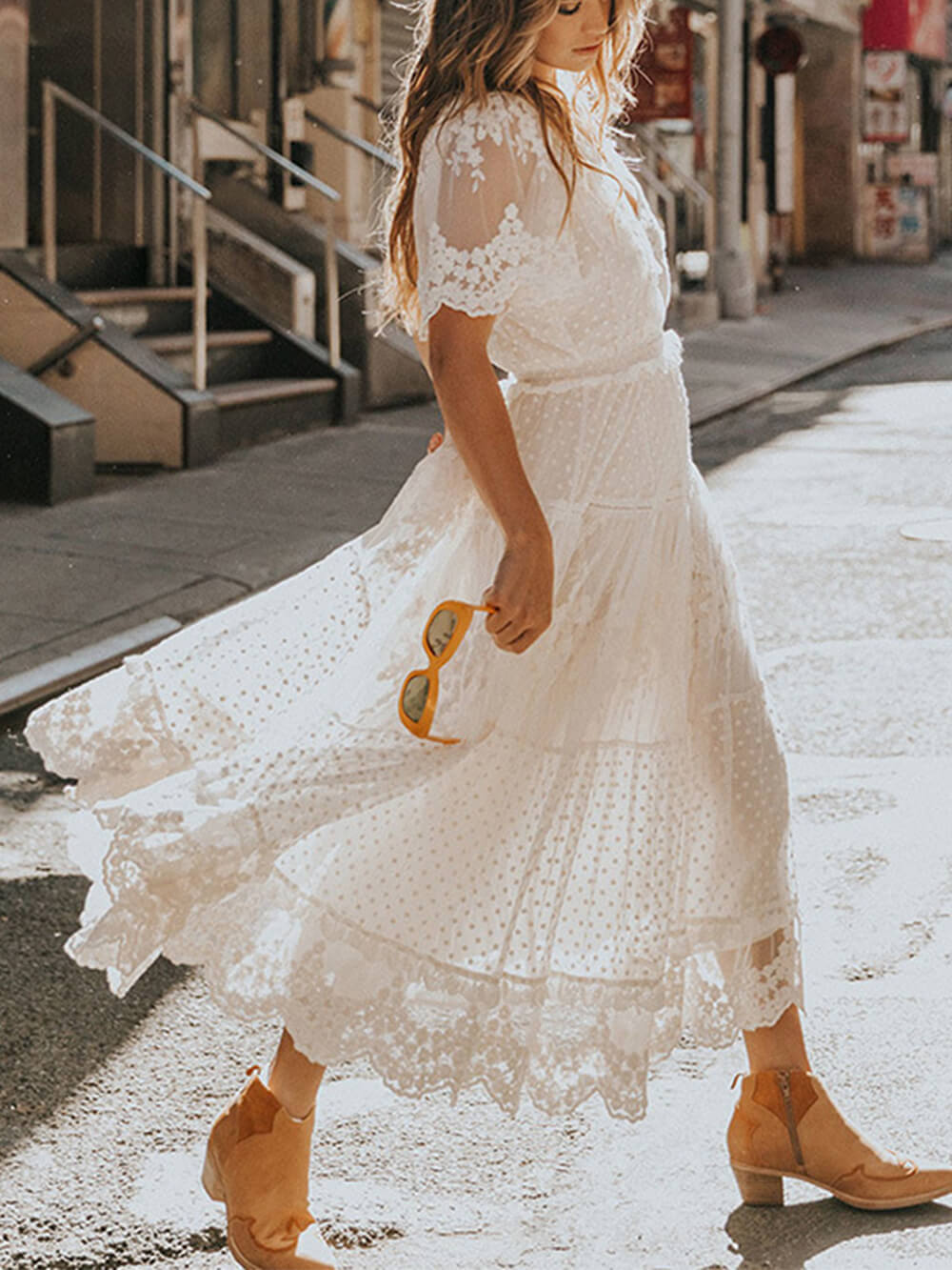 Lace Flutter Sleeve Swiss Dot Tiered Embroidered Maxi Dress