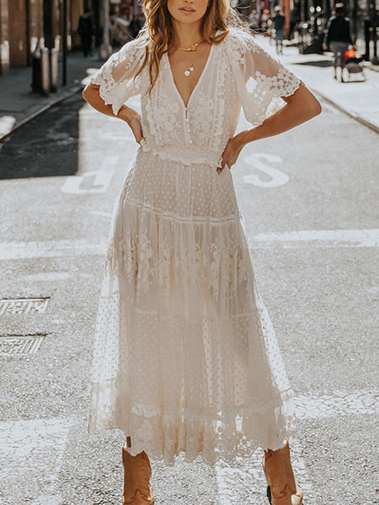Lace Flutter Sleeve Swiss Dot Tiered Embroidered Maxi Dress