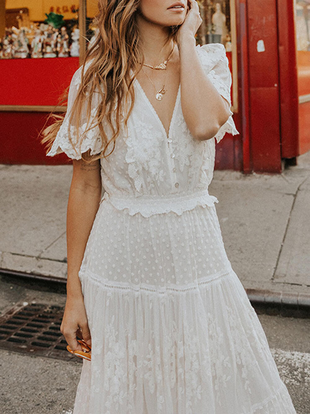 Lace Flutter Sleeve Swiss Dot Tiered Embroidered Maxi Dress