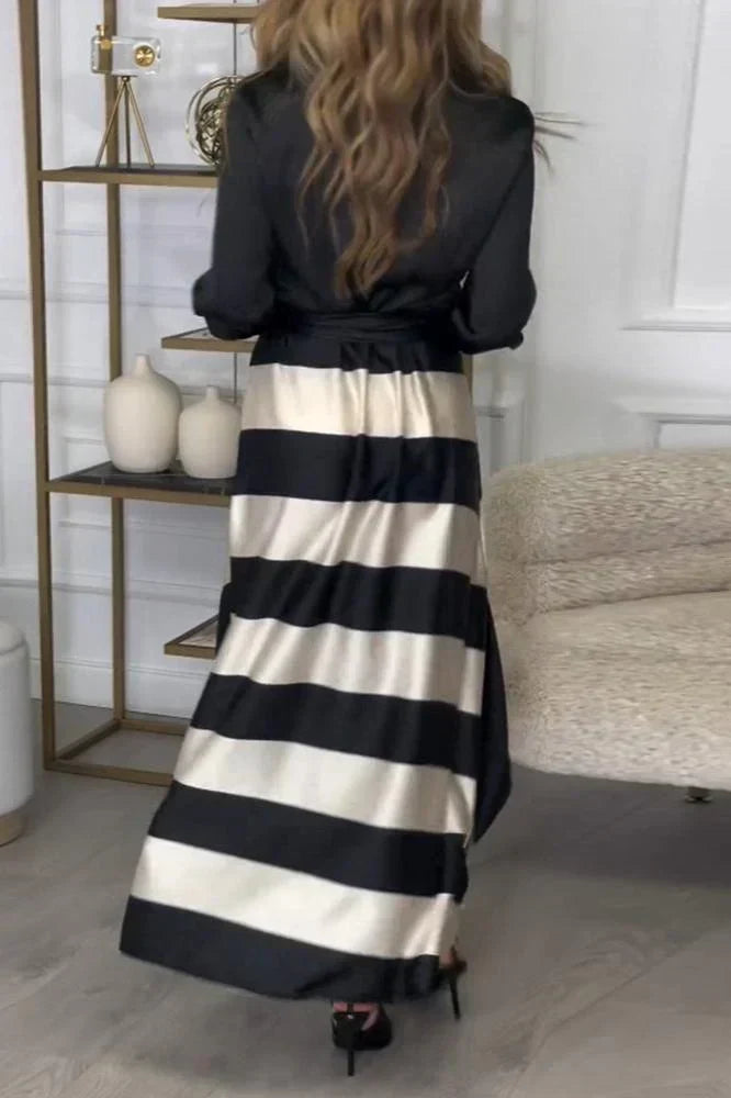 Collared Long Sleeve Button Down Tie Waist Striped Maxi Dress