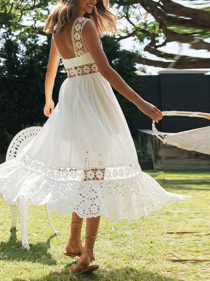 Square Neck Floral Crochet Lace Insert Eyelet Embroidery Hem Maxi Dress