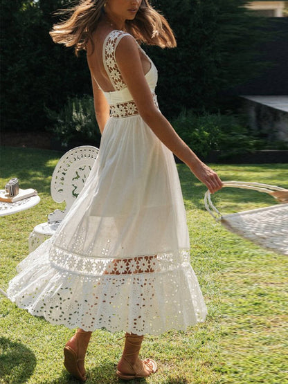 Square Neck Floral Crochet Lace Insert Eyelet Embroidery Hem Maxi Dress