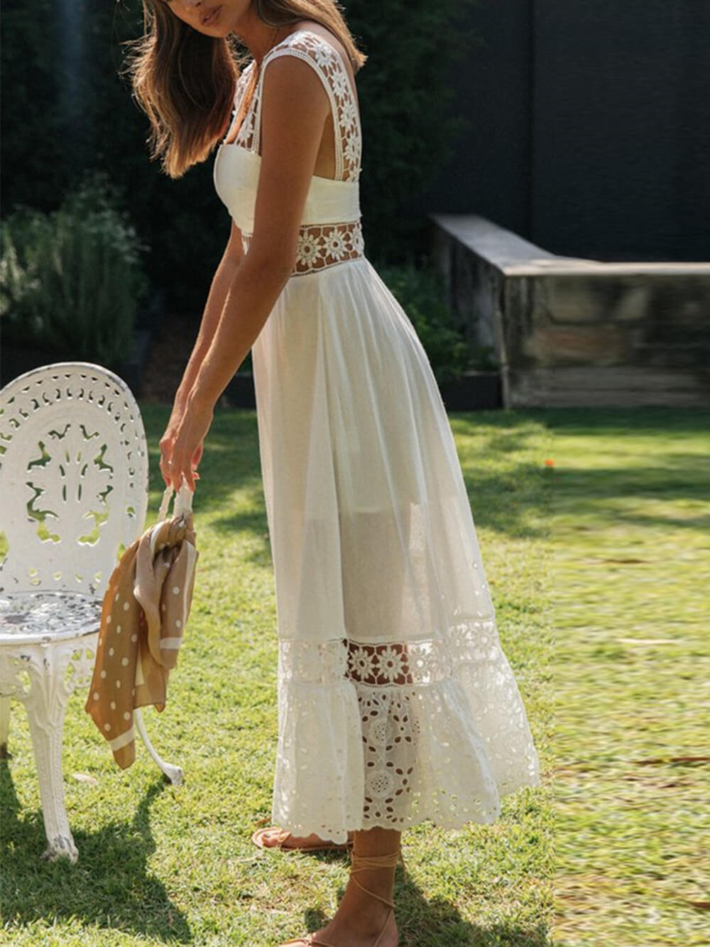 Square Neck Floral Crochet Lace Insert Eyelet Embroidery Hem Maxi Dress