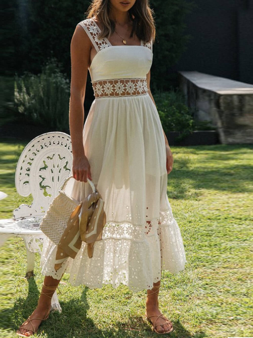 Square Neck Floral Crochet Lace Insert Eyelet Embroidery Hem Maxi Dress