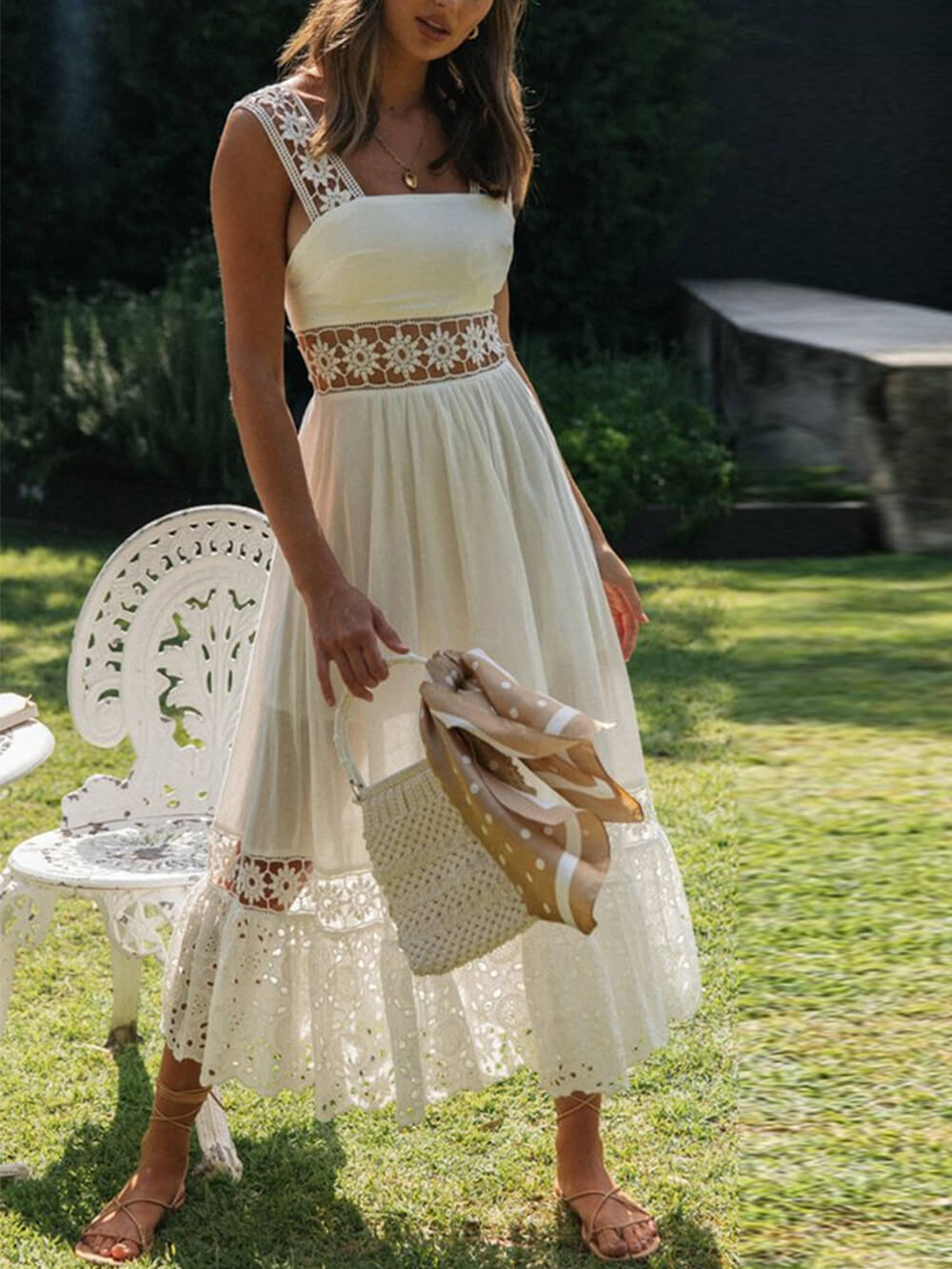 Square Neck Floral Crochet Lace Insert Eyelet Embroidery Hem Maxi Dress