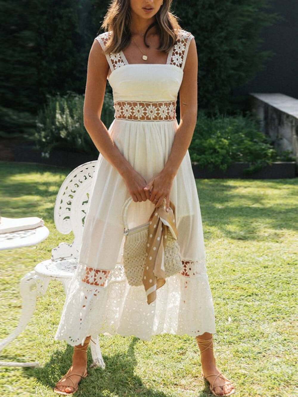 Square Neck Floral Crochet Lace Insert Eyelet Embroidery Hem Maxi Dress