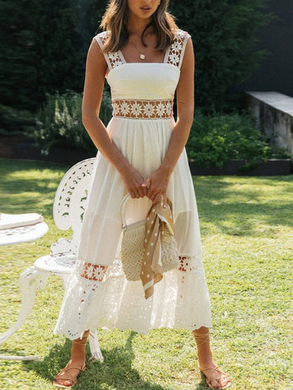 Square Neck Floral Crochet Lace Insert Eyelet Embroidery Hem Maxi Dress