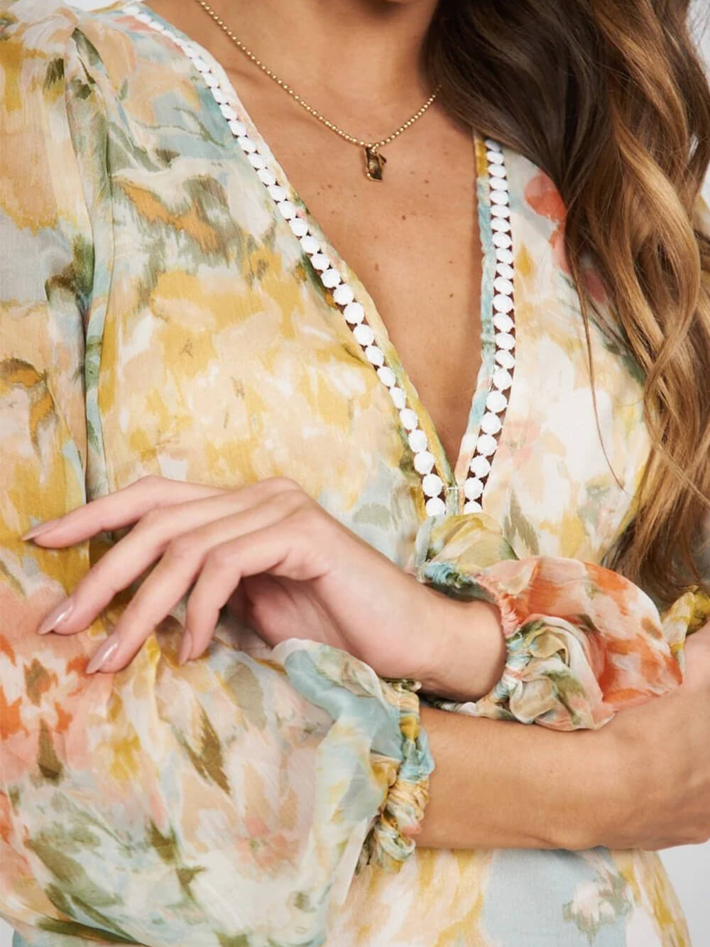 Floral Print Plunge V-Neck Crochet Trim Puff Sleeve Midi Dress