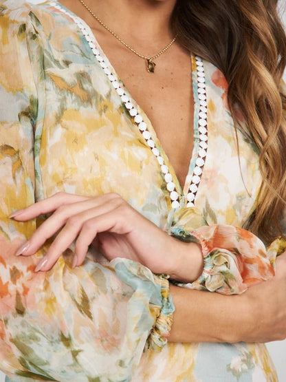 Floral Print Plunge V-Neck Crochet Trim Puff Sleeve Midi Dress