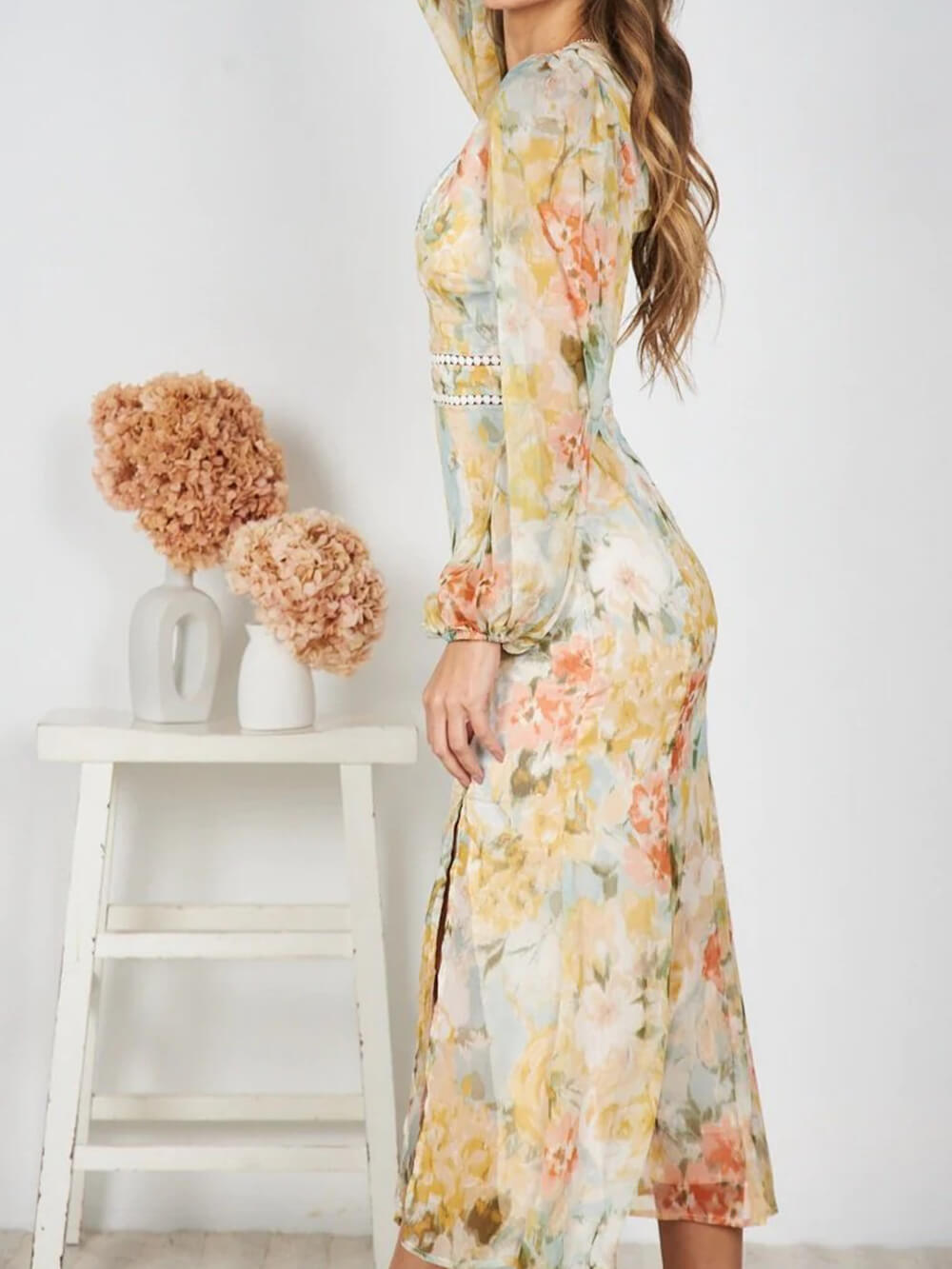 Floral Print Plunge V-Neck Crochet Trim Puff Sleeve Midi Dress