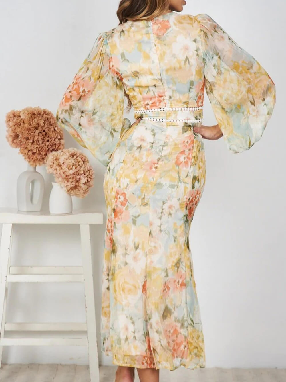 Floral Print Plunge V-Neck Crochet Trim Puff Sleeve Midi Dress