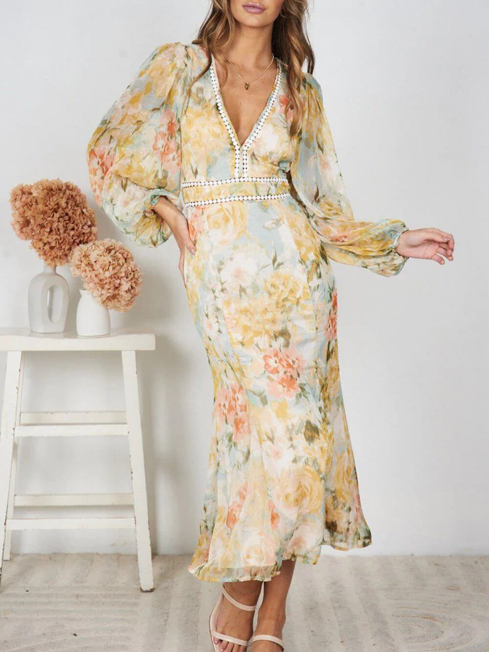 Floral Print Plunge V-Neck Crochet Trim Puff Sleeve Midi Dress