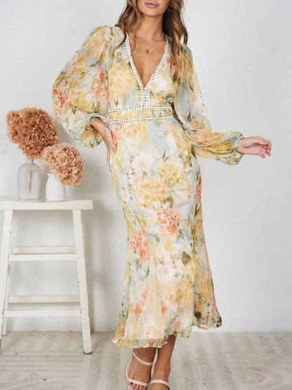 Floral Print Plunge V-Neck Crochet Trim Puff Sleeve Midi Dress