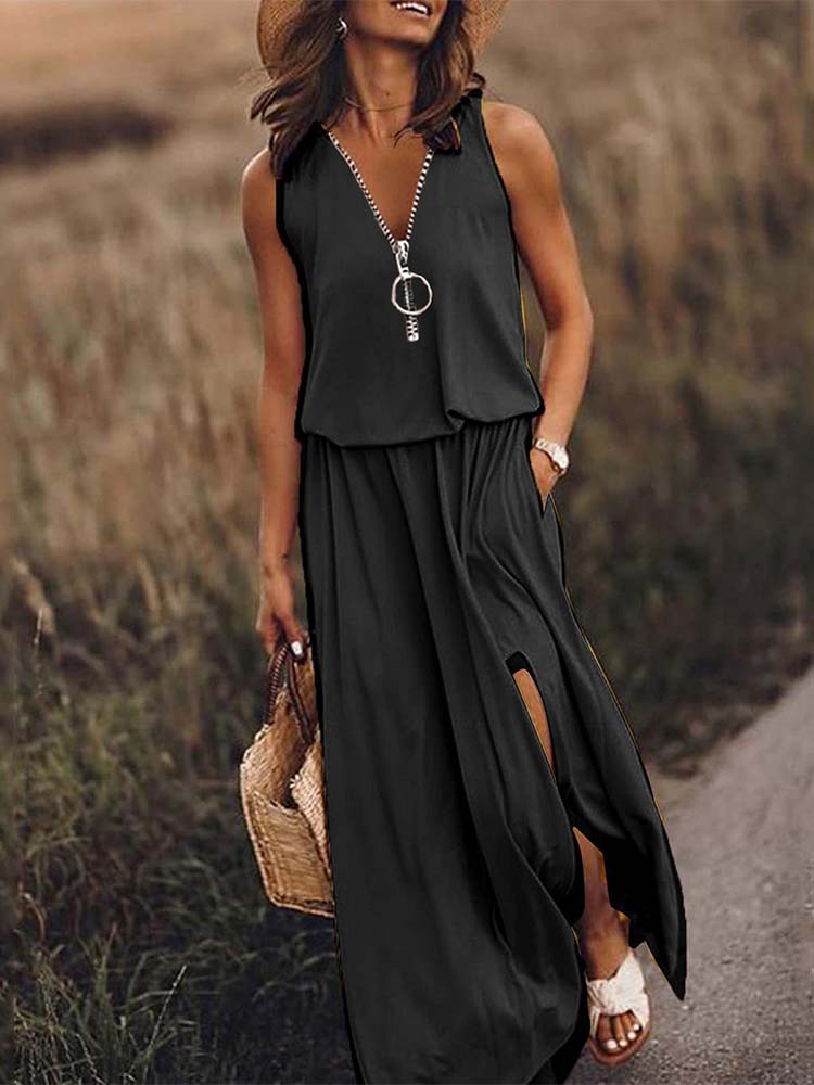 V Neck Zip Ring Detail Sleeveless Side Slit Maxi Dress