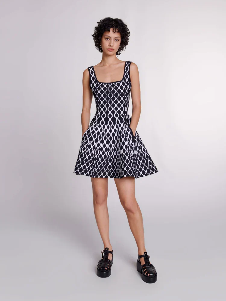 Square Neck Sleeveless Abstract Wave Print Fit and Flare Knit Mini Dress