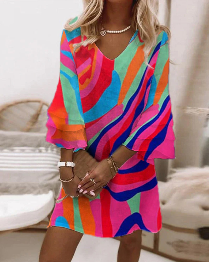 V-Neck Bell Sleeve Abstract Print Mini Dress