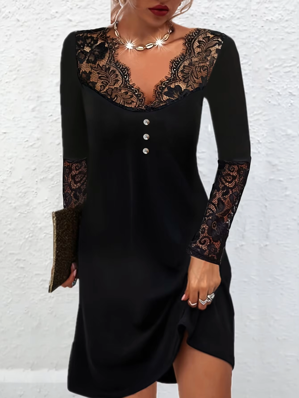 Floral Lace Yoke V-Neck Button-Front Lace Cuff Bodycon Mini Dress