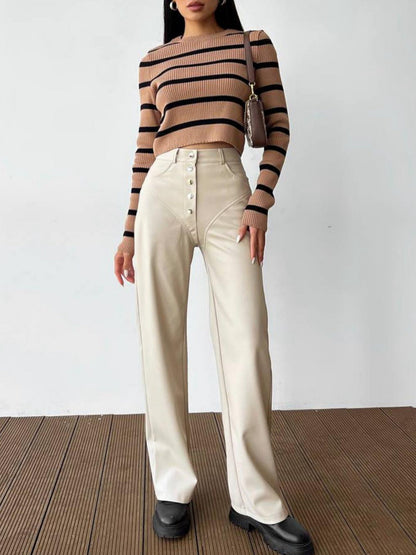 PU Leather Buttons High-waisted Straight-leg Pants Pants
