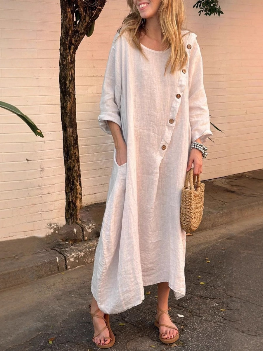 Round Neck, Long Sleeves, Solid Color Cotton And Linen, Irregular Buttons Maxi Dresses