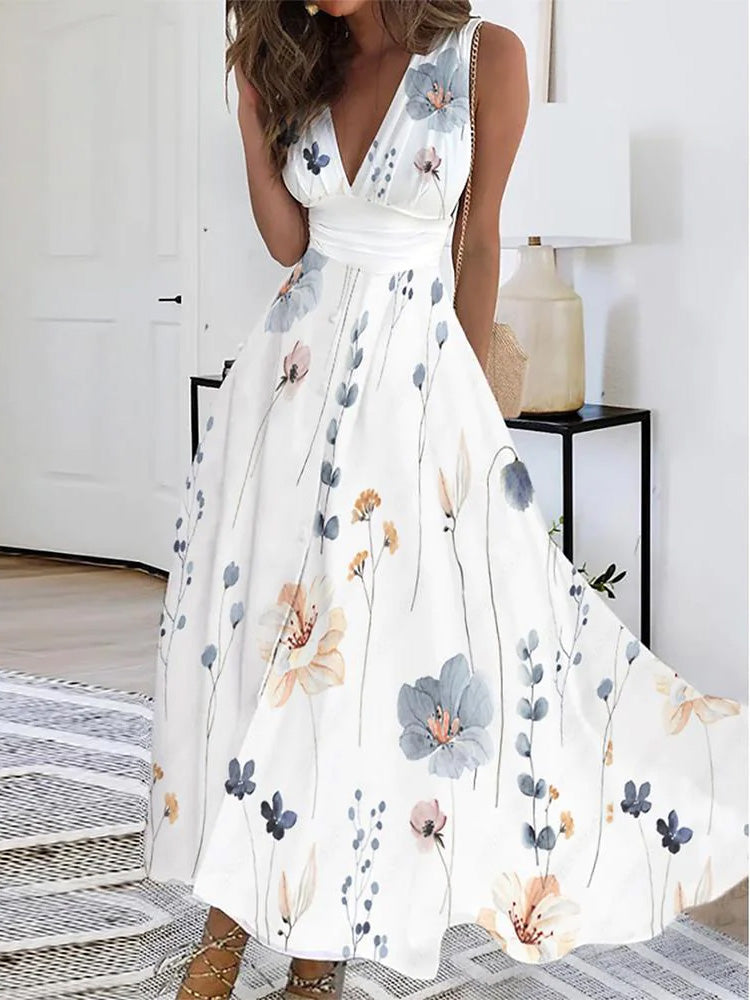 Plunging V-Neck Ruched Waist Botanical Floral Print A-Line Maxi Dress