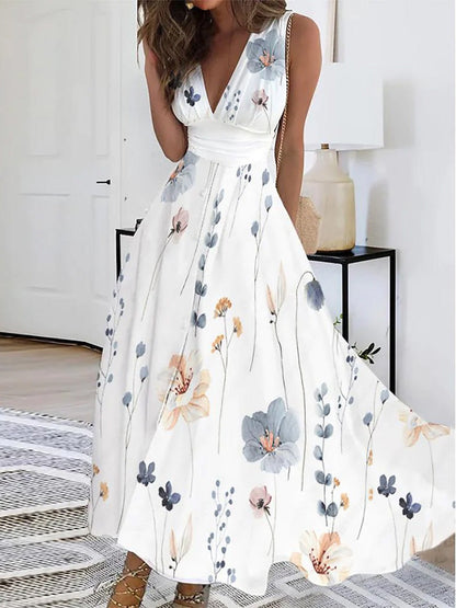 Plunging V-Neck Ruched Waist Botanical Floral Print A-Line Maxi Dress