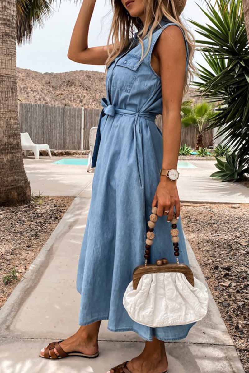 Sleeveless Collar Button Front Tie Waist Denim Shirt Midi Dress