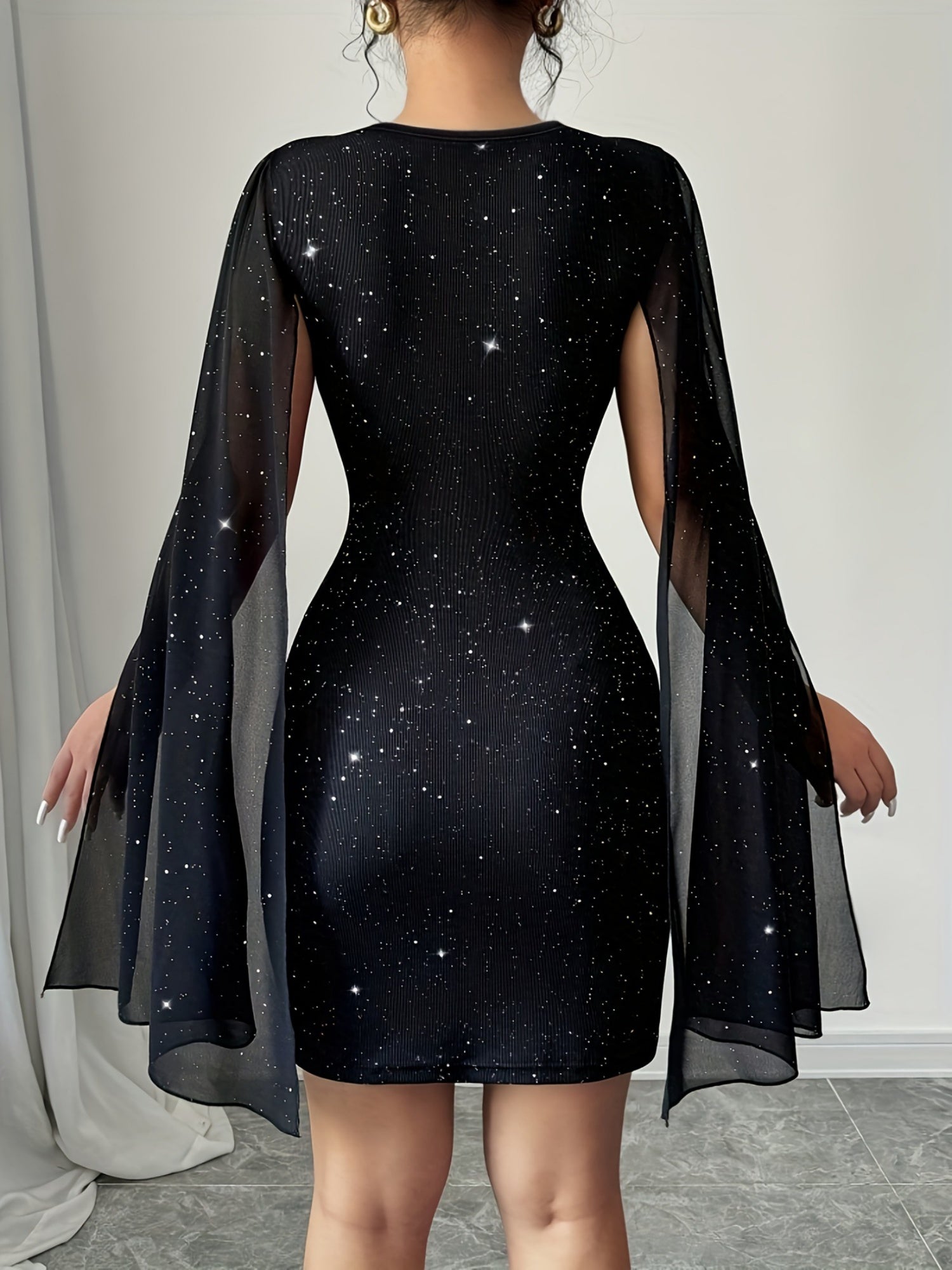 Sequins Chiffon Cape Deep V-neck Mini&Short Dresses