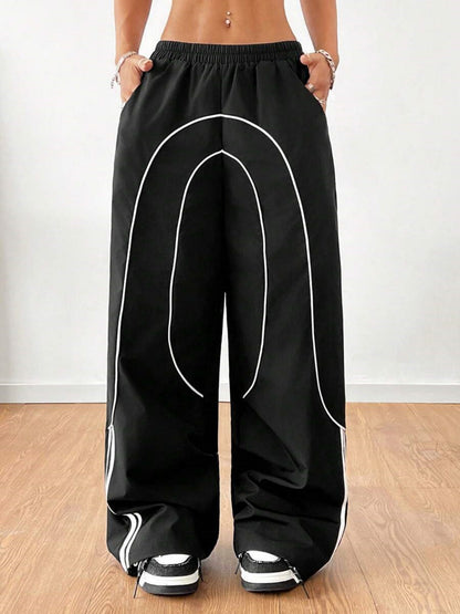 Color-blocked Elastic Waistband Pocket Wide-leg Trousers