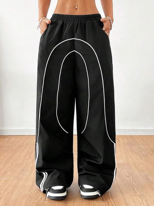 Color-blocked Elastic Waistband Pocket Wide-leg Trousers