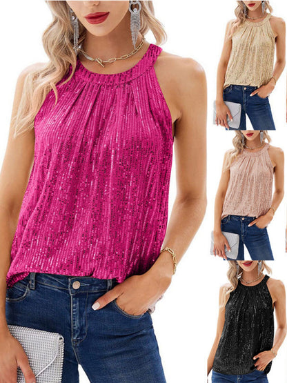 Sequins Halter-neck Sleeveless Tank Tops