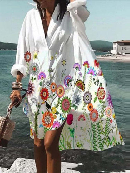 Collared Botanical Print Button Down Oversized Shirt Mini Dress